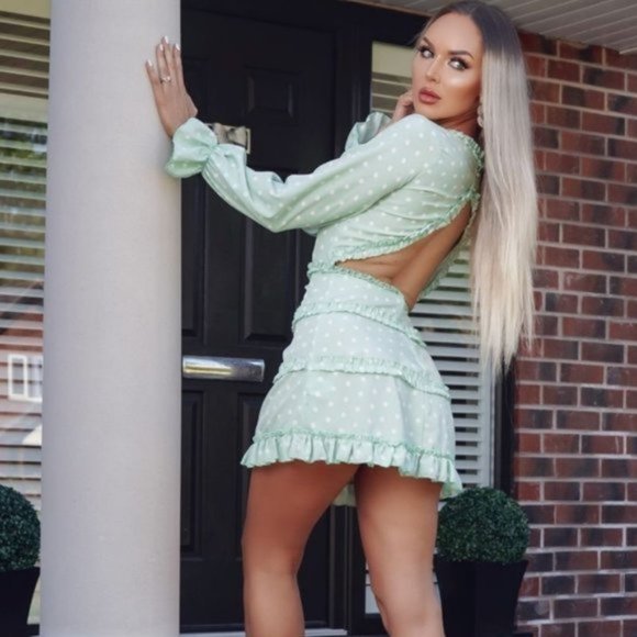 Green Polka Dot Long Sleeve V-Neck Open Back Backless Mini Dress - Picture 4 of 11